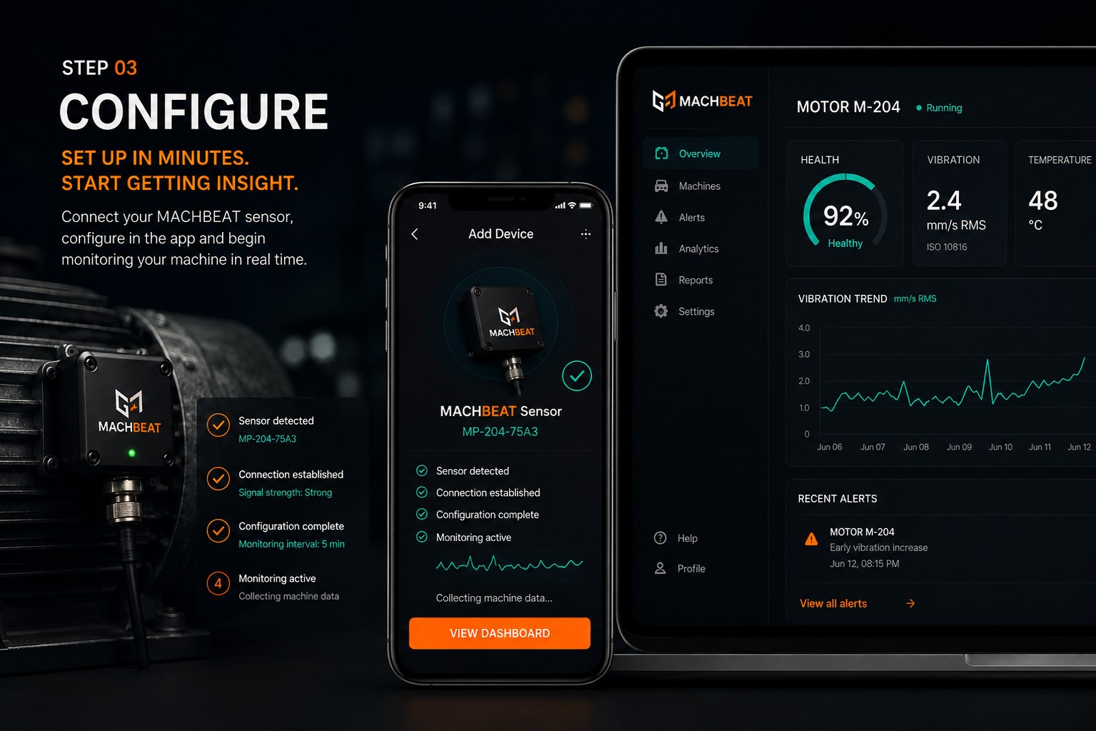 MachBeat sensor, mobile setup app and machine-health dashboard working together
