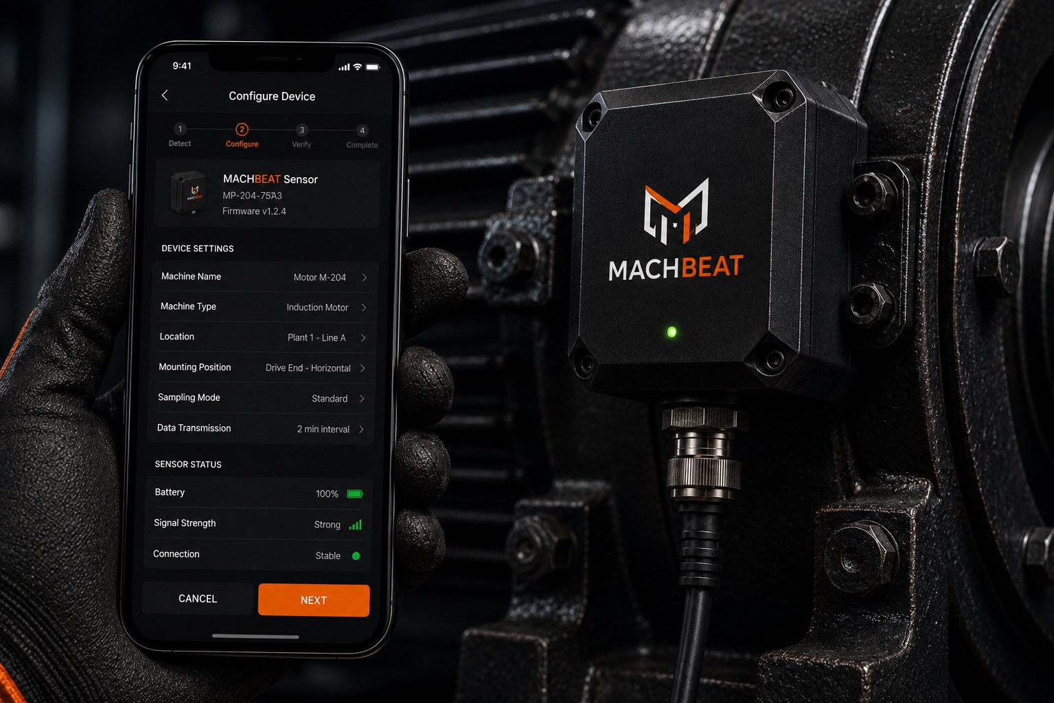 MachBeat edge sensor mounted on a motor, configured from the mobile app